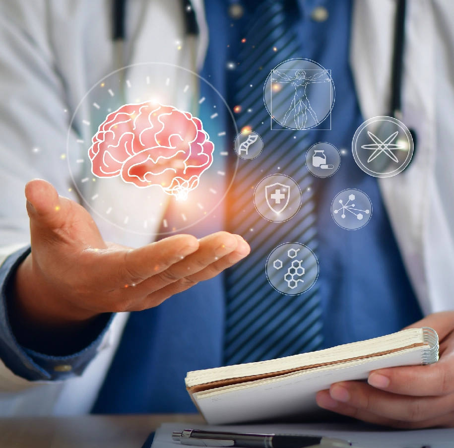 Doctor holding a digital brain icon.