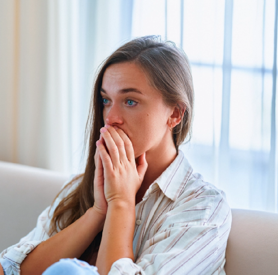 Woman with hands covering mouth, looking sad.